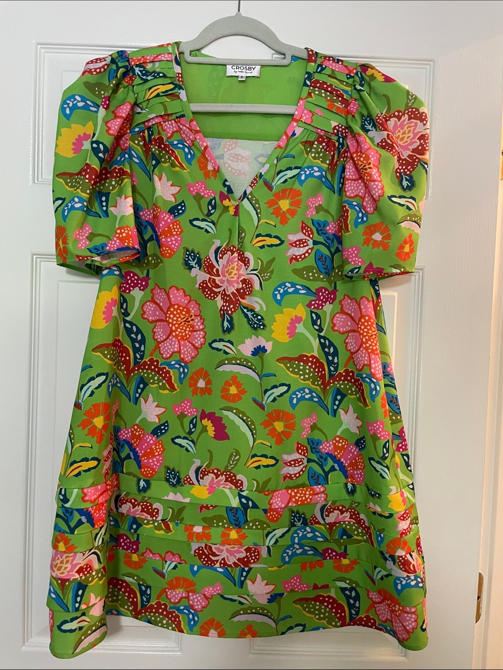 crosby. Lime Green Floral Puff-Sleeve Dress with Multicolor Blooms